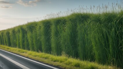Fototapeta premium Lush green grass wall bordering a highway under a clear sky showcasing nature's beauty and roadside scenery