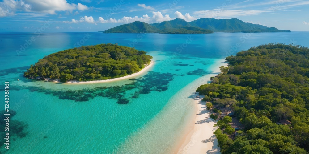 Wall mural Aerial View of Tropical Islands Surrounded by Crystal Clear Waters and Lush Greenery Ideal for Travel and Nature Promotions