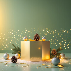 Shiny Christmas scene with a Christmas tree and illuminated red baubles, ornamental gift boxes with lamps, a lantern and bokeh lights backgroundShiny Christmas scene with a Christmas tree and illumina