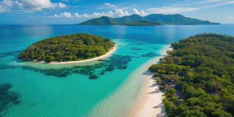 Aerial View of Tropical Islands Surrounded by Crystal Clear Waters and Lush Greenery Ideal for Travel and Nature Promotions
