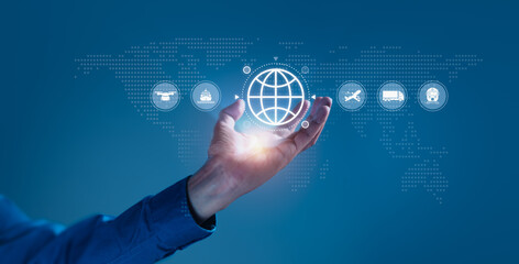 Man Holding Logistics Icons Representing Global Supply Chain Network and Technology