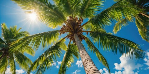 Fototapeta premium Sunlit Coconut Tree with Lush Green Leaves Against a Bright Blue Sky in a Tropical Paradise Setting Ideal for Travel and Vacation Themes