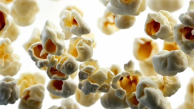 Bursting popcorn kernels exploding midair against white background