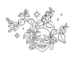 Hand drawn sketchy human skull surrounded by nettle leaves and muchrooms isolated on white background. Doodle skeleton head tattoo design