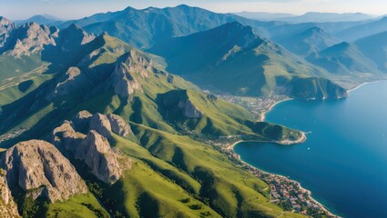 Obraz premium Aerial View of Albanian Mountains and Ionian Sea Scenic Landscape Ideal for Hiking and Nature Exploration