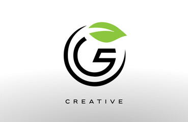 Letter G logo design with green leaf made of black lines vector