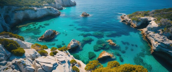 Fototapeta premium Aerial View of Stunning Rocky Seascape with Turquoise Waters and Lush Greenery Ideal for Travel and Nature Promotion