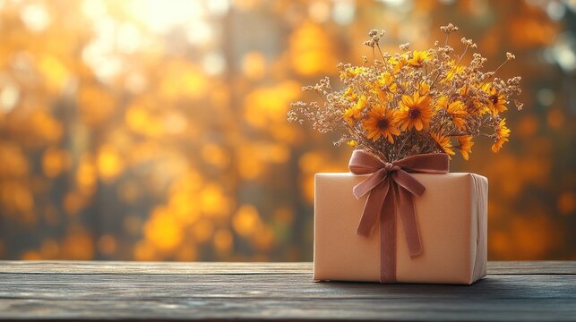 Autumn gift flowers bokeh wood background