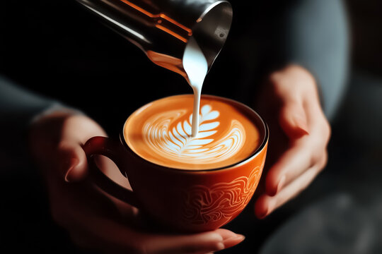 Hand pouring milk into a dark brown coffee cup.