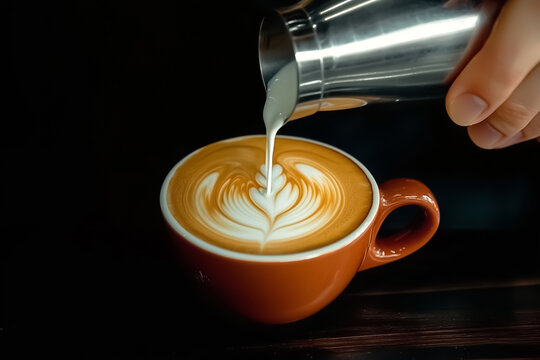 Hand pouring milk into a dark brown coffee cup.