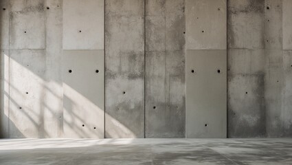 Bare concrete wall interior with natural light casting shadows showcasing smooth plaster finish and minimalist design aesthetic.