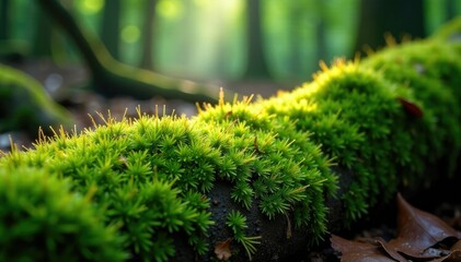 Wet moss on forest floor with fallen tree trunk, green, moss