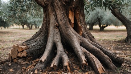 Obraz premium Ancient olive tree stump showcasing age rings and robust roots in a serene olive grove setting.