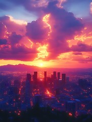 Fototapeta premium Vibrant sunset over city skyline.