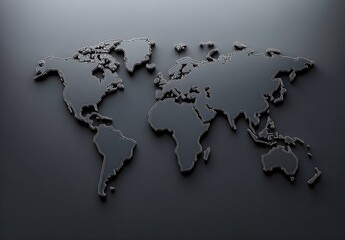 Black silhouette of a world map created from small reflective beads, set against a dark background, emphasizing global themes.