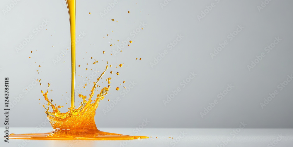 Poster Golden honey flows gracefully, splashing against a flat surface and creating dynamic droplets and rich textures. The clear background highlights the liquid's vivid color and movement.