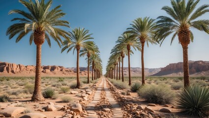 Fototapeta premium Desert path lined with tall palm trees and rocky terrain under a clear blue sky with ample space for text or branding elements.