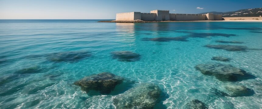 Serene turquoise waters gently lapping a sandy beach with a historic fortress rising majestically on the horizon against a clear blue sky. - Powered by Adobe