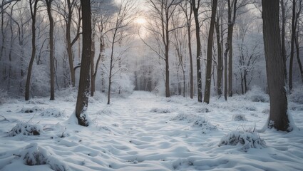 Fototapeta premium Serene winter landscape with a snowy forest floor and trees under soft sunlight during a tranquil winter day.