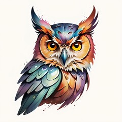 Colorful artistic owl illustration with vibrant gradient plumage in watercolor style, perfect for tattoo design, logo, or modern wall art decoration. Isolated on white background.