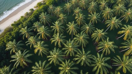 Obraz premium Aerial Overview of Lush Oil Palm Plantation Adjacent to Pristine Coastal Landscape with Towering Palm Trees and Blue Ocean Waves