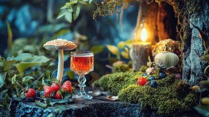 Rustic forest setting with mushrooms and wine glasses