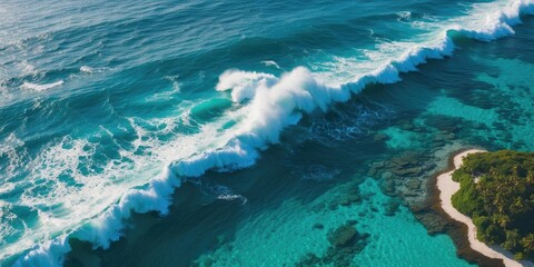 Aerial view of crashing ocean waves on a coral reef featuring turquoise waters and coastal greenery with space for text overlay.