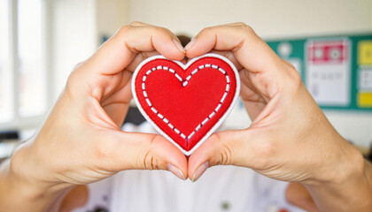 Obraz premium Hands forming heart shape with red patch on blurred background