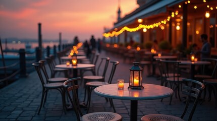 Obraz premium Romantic outdoor cafe setting with soft lighting during sunset