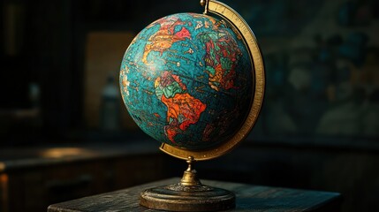 Antique globe in dimly lit study with vintage maps