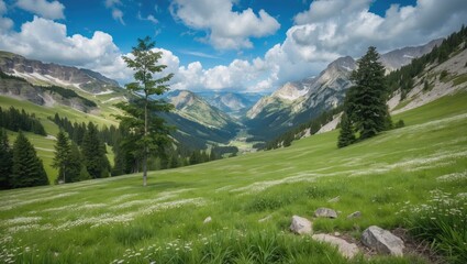 Obraz premium Lush Alpine Meadow Landscape with Rolling Green Hills, Mountains, and Dramatic Clouds Under a Clear Blue Sky.