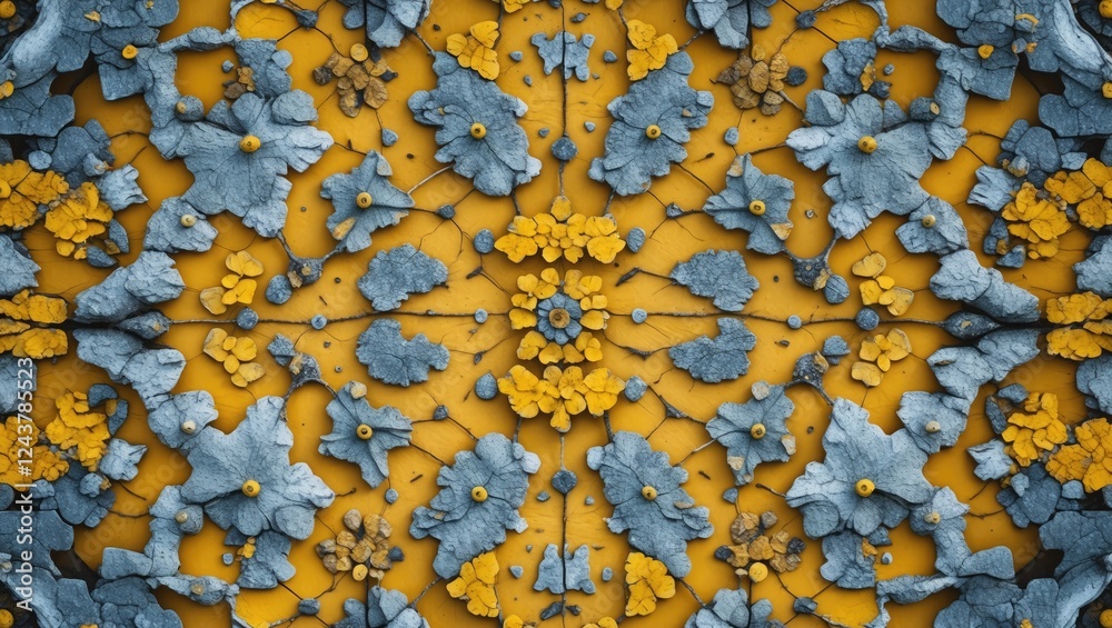 Poster symmetrical mirrored pattern of vibrant yellow and blue tree lichens creating a seamless and intrica