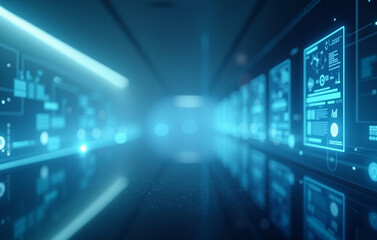 Sleek background featuring a futuristic transparent glass interface with floating holographic elements