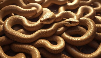 Obraz premium Una vista de primer plano de una masa enredada de serpientes o serpientes de color marrón dorado, cuyas escamas reflejan la luz para crear una apariencia brillante y texturizada