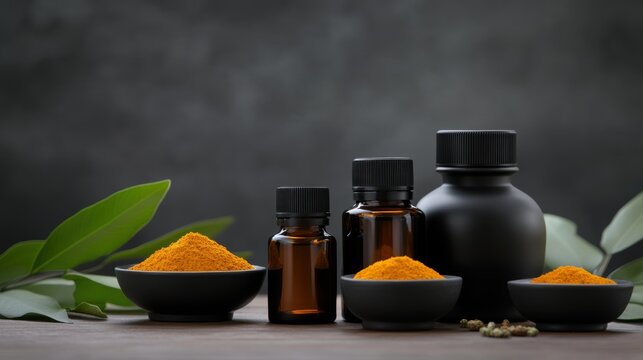 ayurvedic wellness display, amber glass bottles of ayurvedic oils on table, with fresh leaves clay bowls of powdered herbs