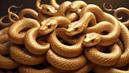 Obraz premium Una vista de primer plano de una masa enredada de serpientes o serpientes de color marrón dorado, cuyas escamas reflejan la luz para crear una apariencia brillante y texturizada
