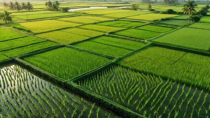 Lush Aerial View of Expansive Green Paddy Fields Highlighting Rice Growth During the Vibrant Growing Season