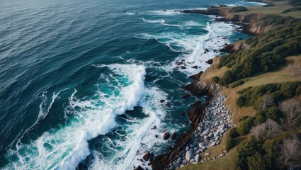 Aerial View of Rocky Shoreline with Waves Crashing into Scenic Coastline Surrounded by Lush Greenery and Open Ocean Water