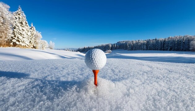 a golf ball on a tee surrounded by pristine white snow and frosty scenery under a clear blue sky