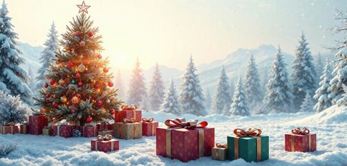 Winter wonderland scene with Christmas tree and presents, gold, christmas