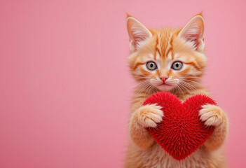 Ginger kitten hugging red heart. Cute cat on pink background. Valentine's Day love concept. Banner, advertisement, billboard for animal shelter, veterinary clinic