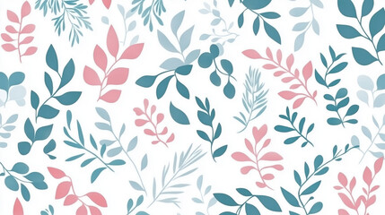 Pastel Blue Pink Leaves Seamless Pattern White Background
