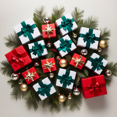 Christmas gift box with white ribbon on Christmas wreath, fir branches, Christmas balls