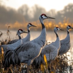 Obraz premium A serene gathering of cranes standing gracefully by a tranquil lake at sunrise, with soft golden light illuminating the scene
