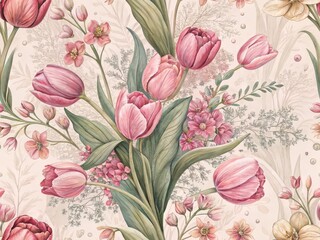 A seamless pattern Floral Tapestry: A vibrant bouquet of pink tulips blooms luxuriantly against a delicate backdrop of leaves and blossoms in a captivating, intricate watercolor illustration.
