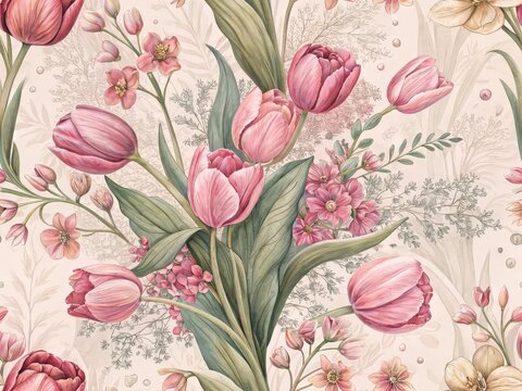 A seamless pattern Floral Tapestry: A vibrant bouquet of pink tulips blooms luxuriantly against a delicate backdrop of leaves and blossoms in a captivating, intricate watercolor illustration.