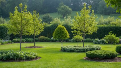 Naklejka premium Serene Countryside Garden Featuring Lush Green Trees and Well-Manicured Lawn with Ample Space for Text and Creative Design Elements