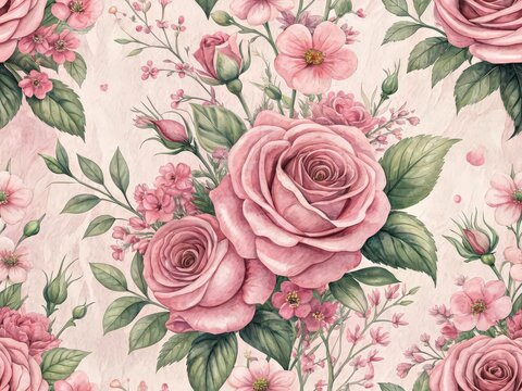 A seamless pattern Blush Rose Bouquet: Delicate blush pink roses and smaller blossoms arranged in a lush, romantic bouquet, painted in a watercolor style against a textured background.