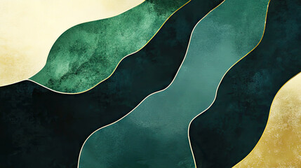 Obraz premium Abstract background featuring flowing green shapes with textured gold outlines