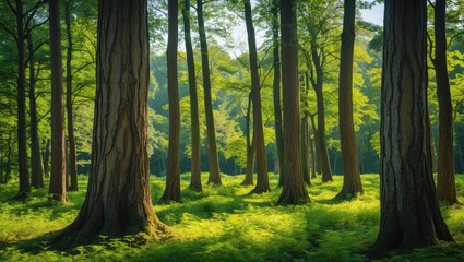 Obraz premium Lush Green Forest Scene with Majestic Tree Trunks Illuminated by Warm Sunlight on a Tranquil Day